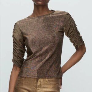 Veronica Beard Waldorf Sparkly Ruched-Sleeve Tee, size Small, NWT